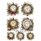 A set of eight vintage-style clock illustrations decorated with green foliage, red berries, bows, lanterns, and a small birdhouse.