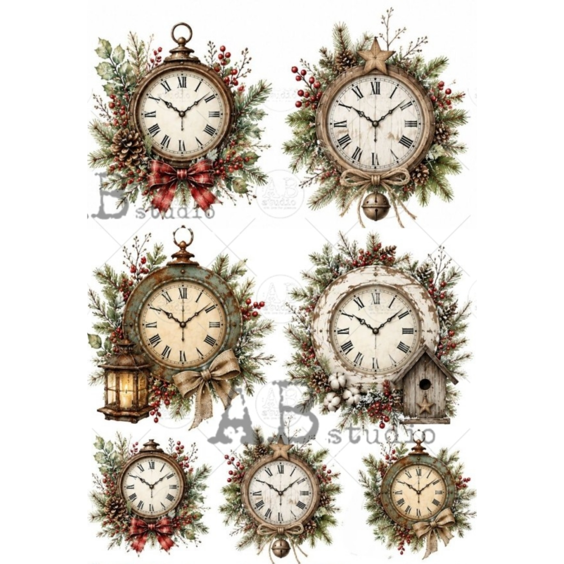 A set of eight vintage-style clock illustrations decorated with green foliage, red berries, bows, lanterns, and a small birdhouse.