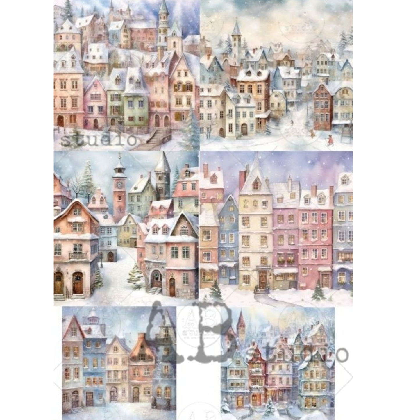 6 illustrations of snowy village scenes with colorful houses.