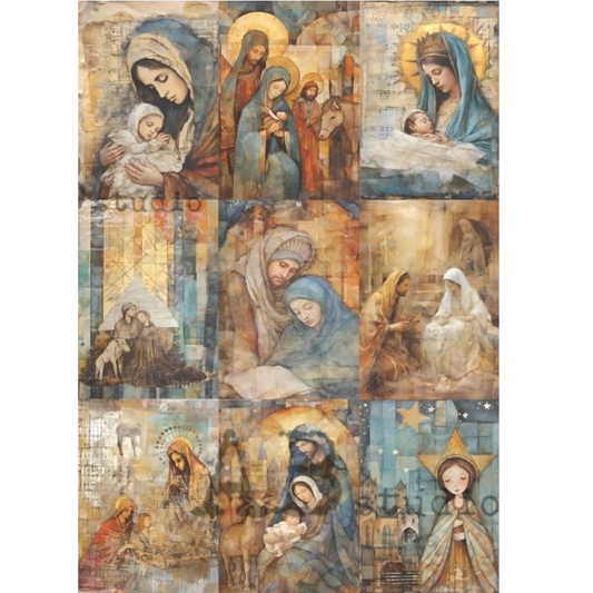 Collage of illustrated religious scenes featuring Mary, Joseph, and baby Jesus.