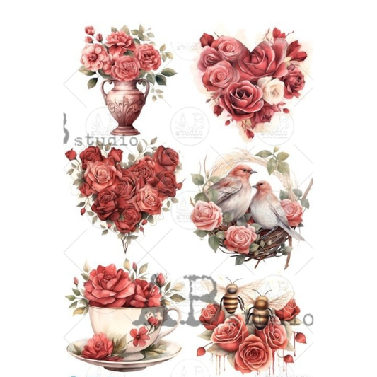 Set of decorative illustrations featuring roses, birds, and a teacup.