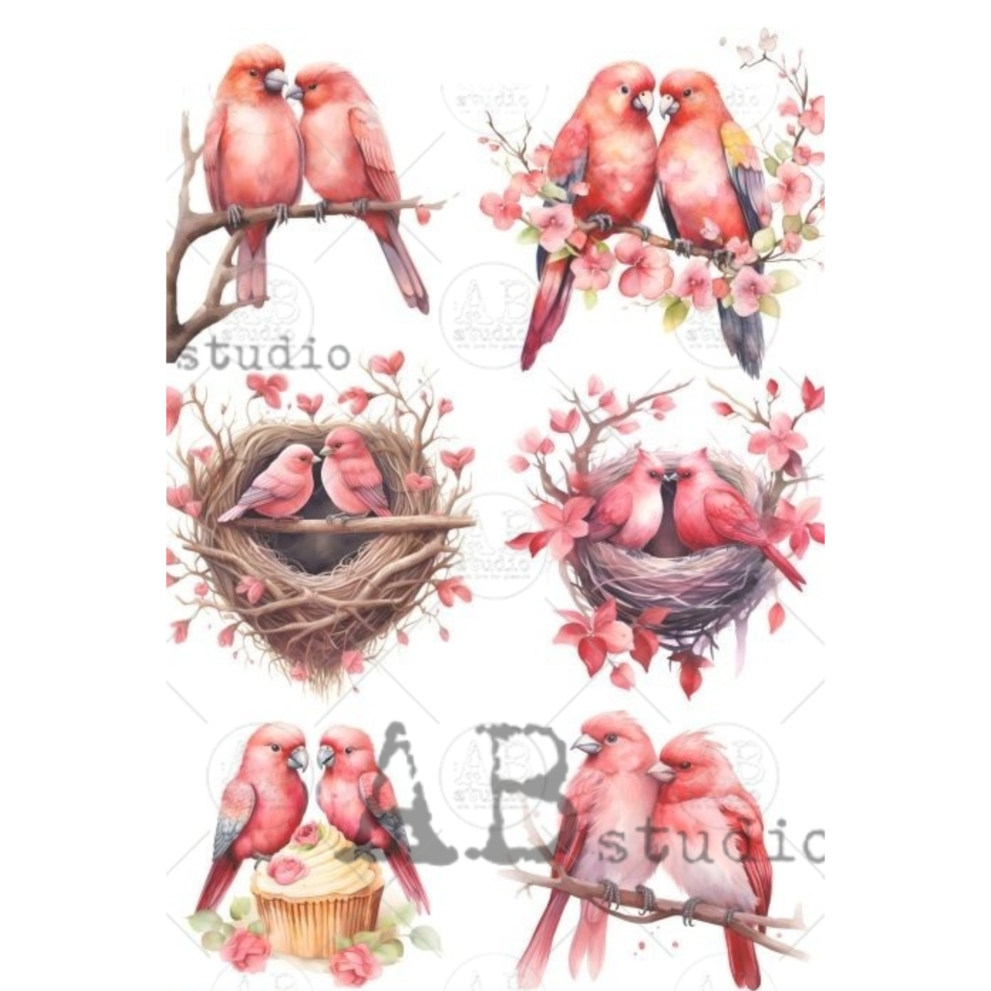 Collage of pink birds, nests, and flowers.