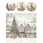 Colorful, snow-covered row houses with a decorated evergreen and 3 coordinating ornament rounds with rabbits and houses.