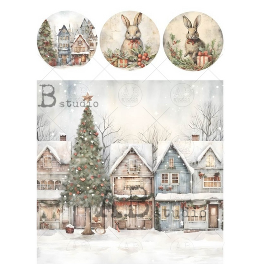 Colorful, snow-covered row houses with a decorated evergreen and 3 coordinating ornament rounds with rabbits and houses.