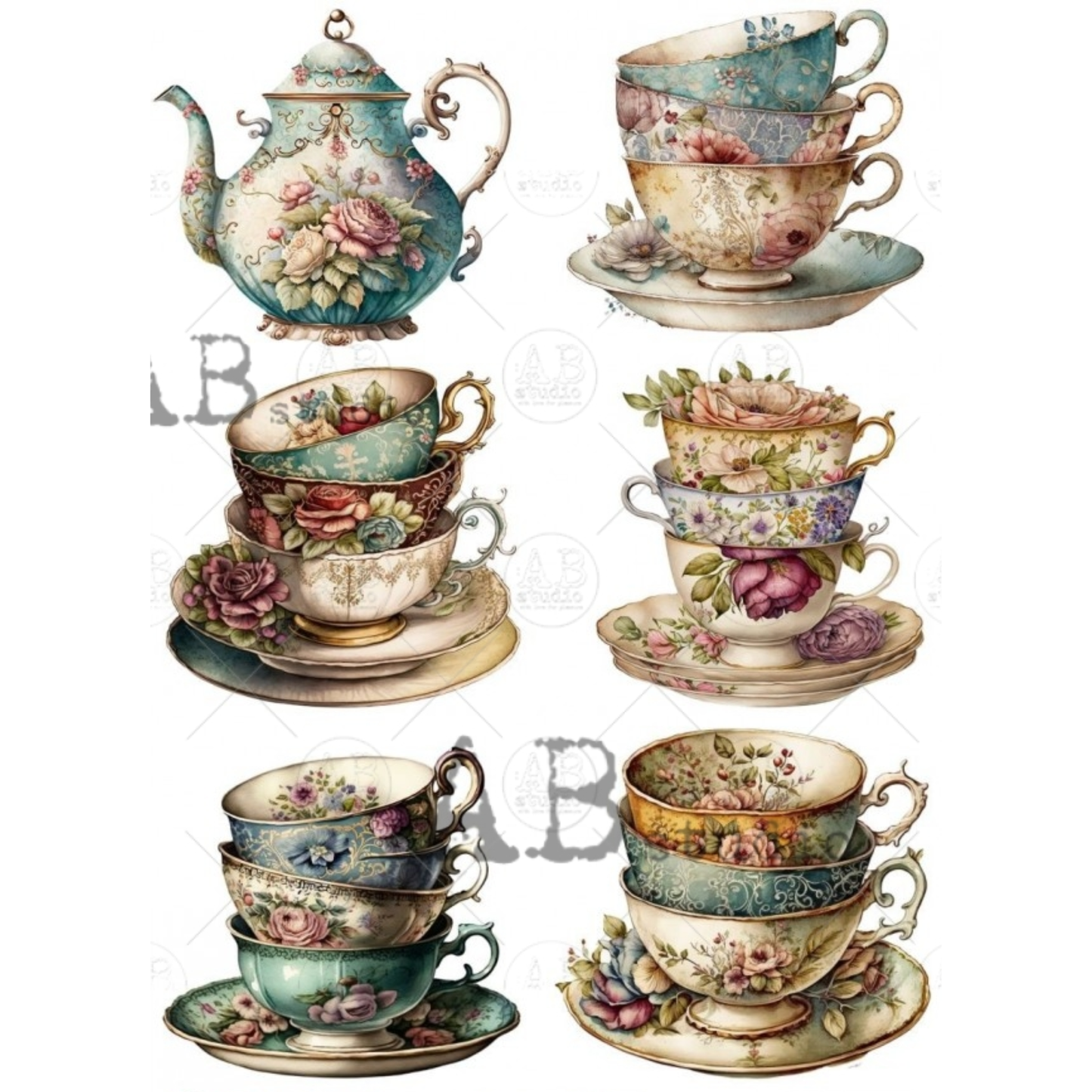Set of decorative teacups and teapots with floral patterns.