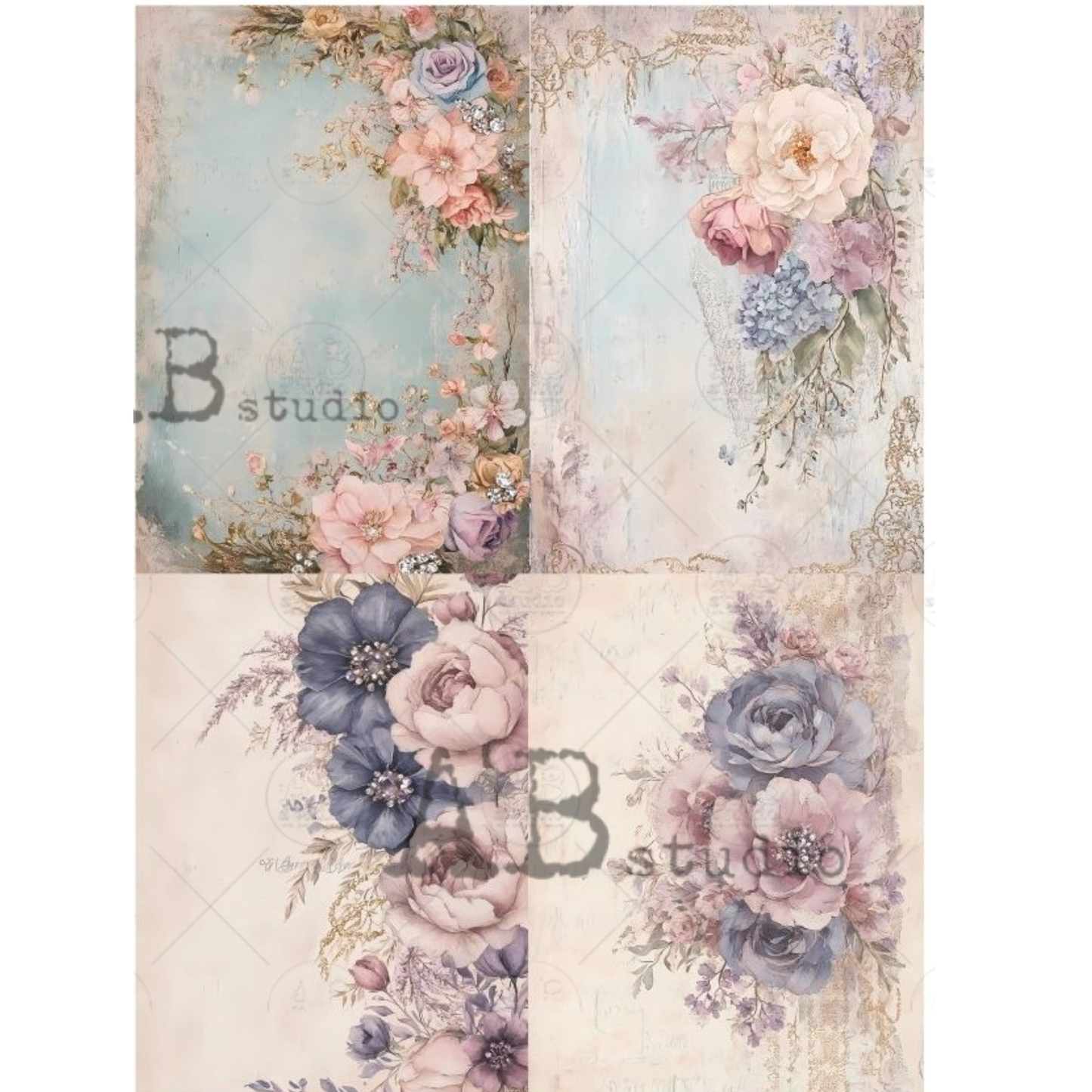 Four decorative floral designs on a pastel background.