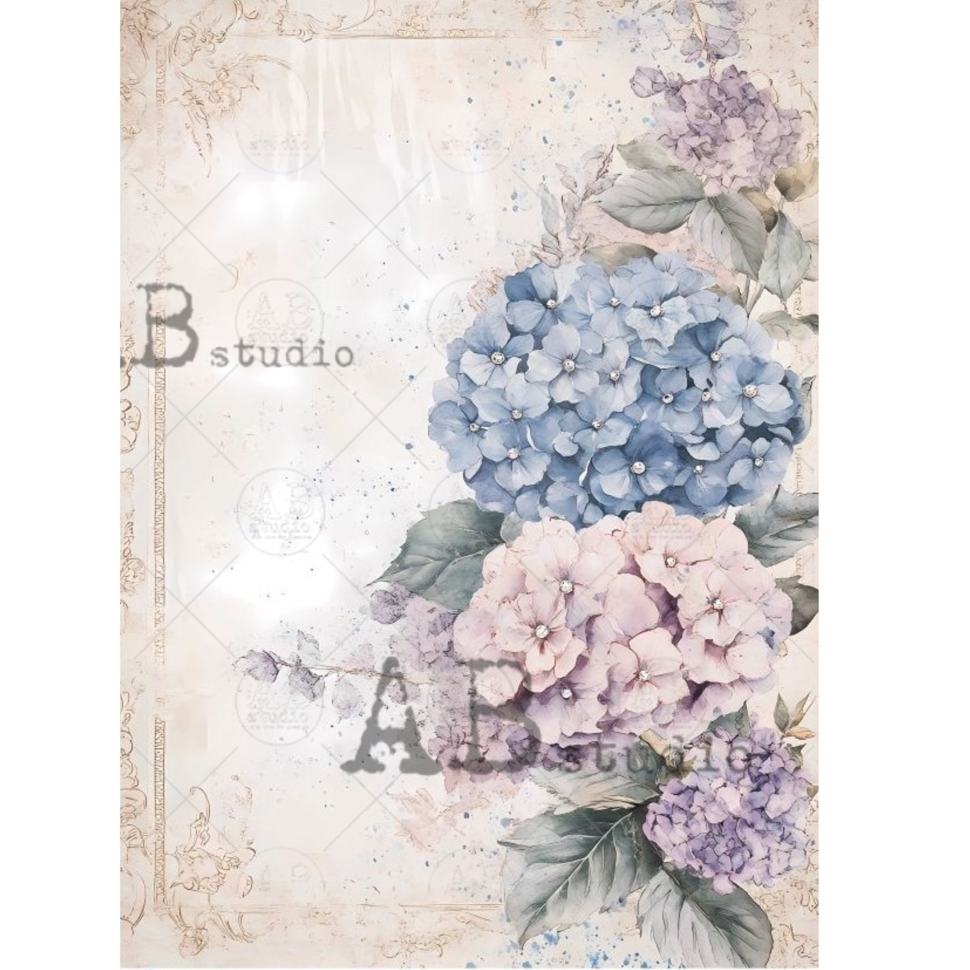 Floral design with hydrangeas on a textured background.