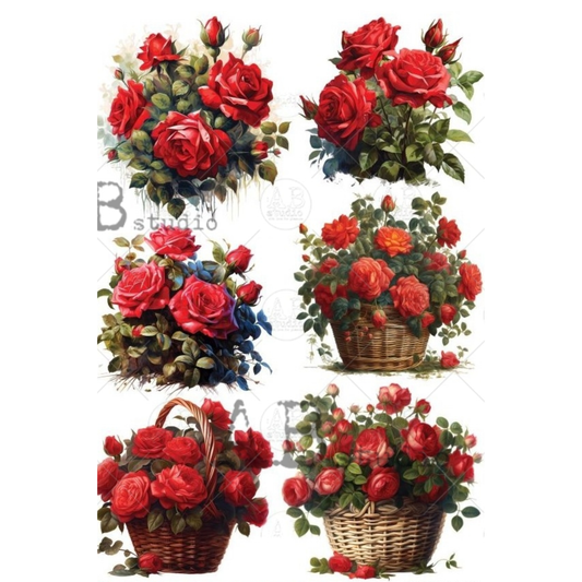 Set of six images featuring red roses in baskets.