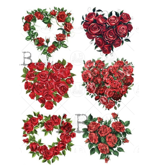 Six Red rose designs in heart and wreath shapes on a white background.