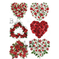 Set of  six decorative designs with red roses and green leaves on a white background.