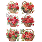 Set of six images showing wicker baskets filled with red and pink flowers on a white background.