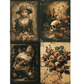 Four images with artistic illustrations of a young girl, skull, cat, and flowers.