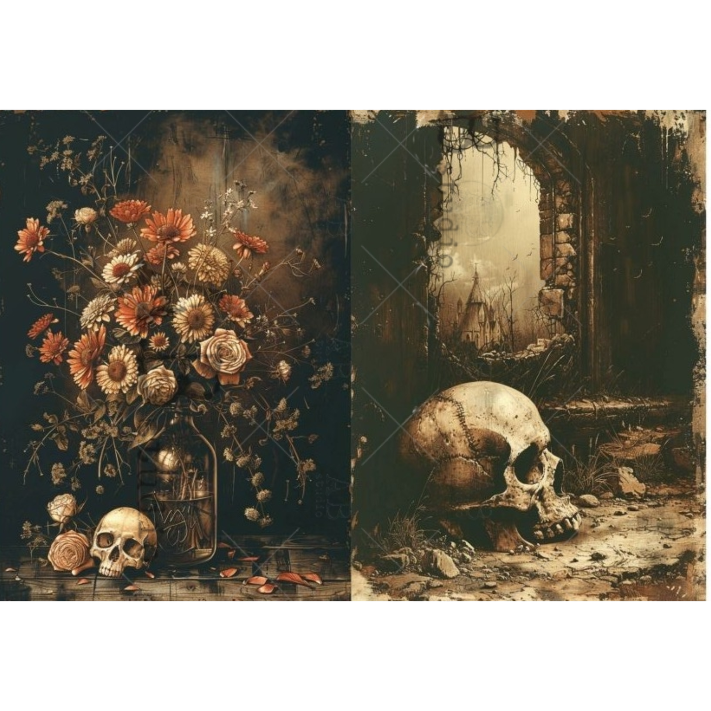 Two dark, moody scenes with flowers and a skull, one with a vase of flowers and the other with a skull on a stone surface.