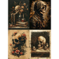 Four dark-themed artworks featuring skulls and floral elements.