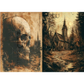 Two artistic panels: one with a skull and the other with a gothic church in a forest.