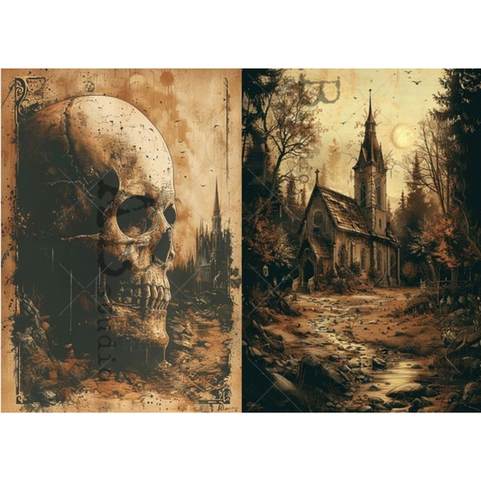 Two artistic panels: one with a skull and the other with a gothic church in a forest.
