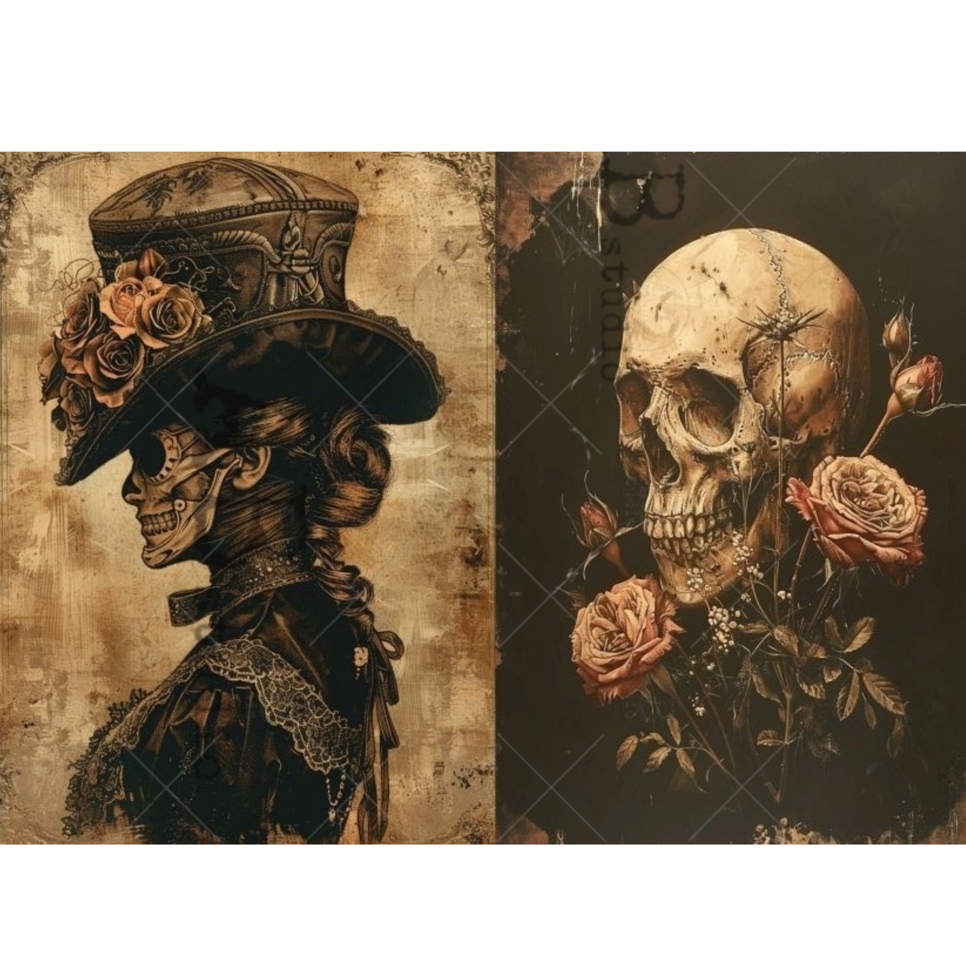 Two artistic illustrations of skeletons with floral elements on a textured background.