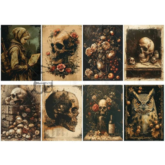 Collection of artistic prints featuring skulls, flowers, and other Halloween elements.