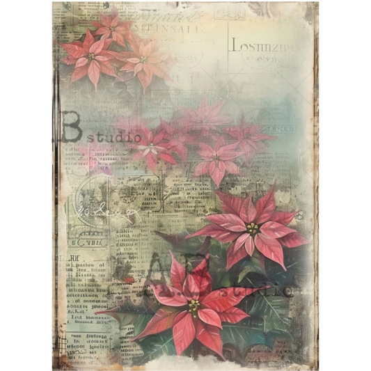 Decorative paper with red poinsettias and vintage text background.