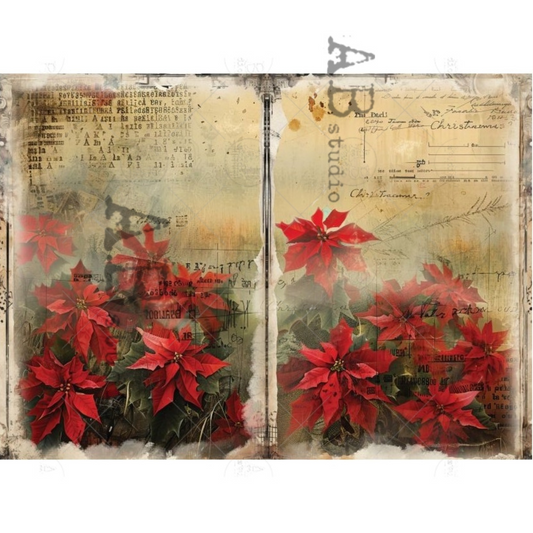 Decorative paper with two images of red poinsettias and on printed ephemera background.