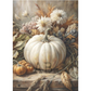 Decorative painting of pumpkins and flowers on a wooden surface with a neutral background.