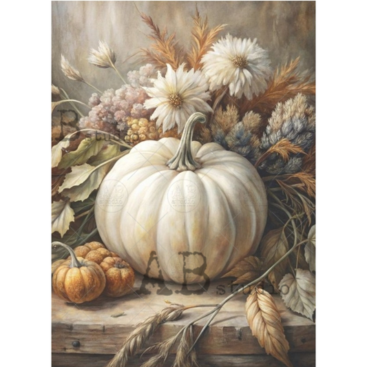 Decorative painting of pumpkins and flowers on a wooden surface with a neutral background.