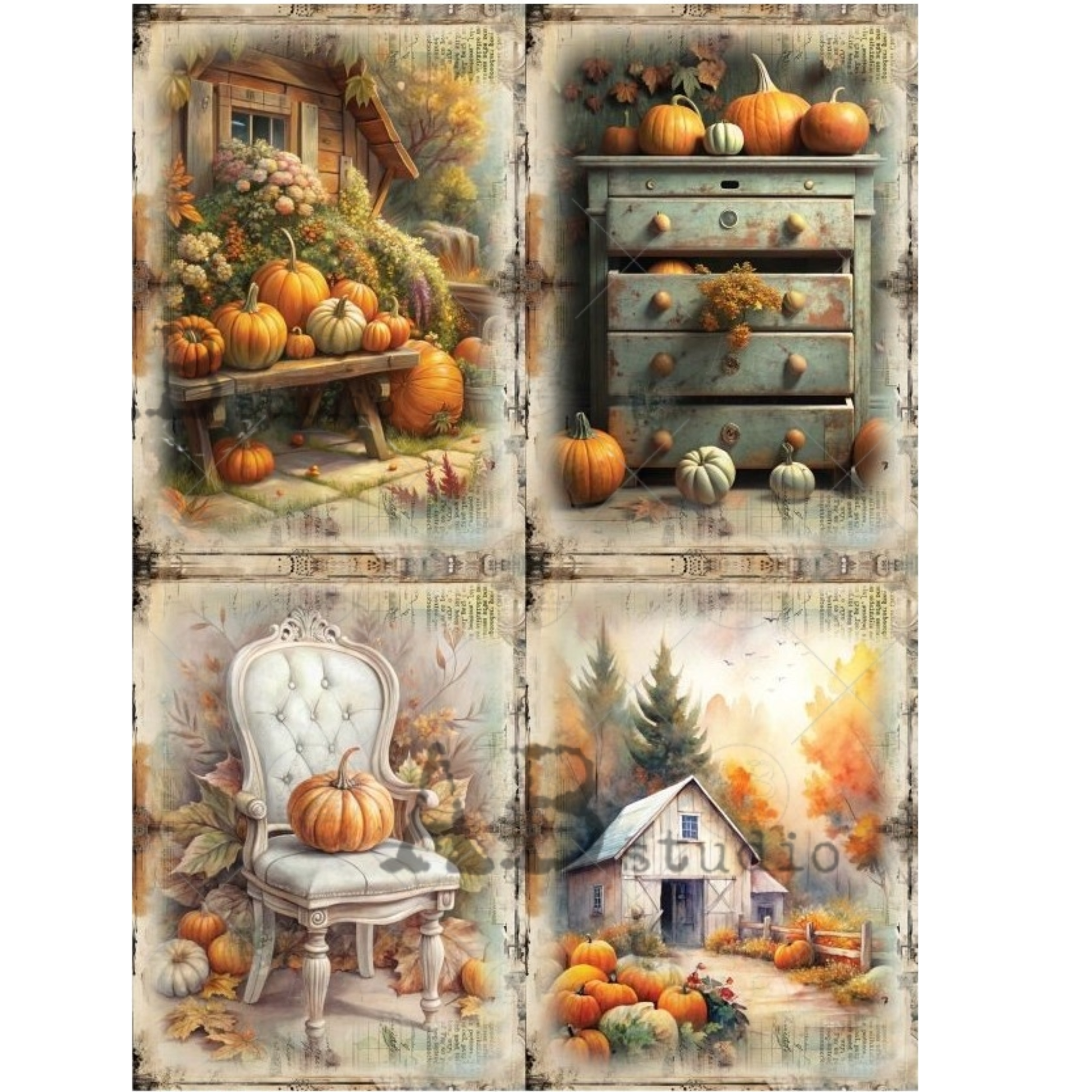 Decorative panel of 4 images with autumn-themed scenes including pumpkins, a chair, and a barn.