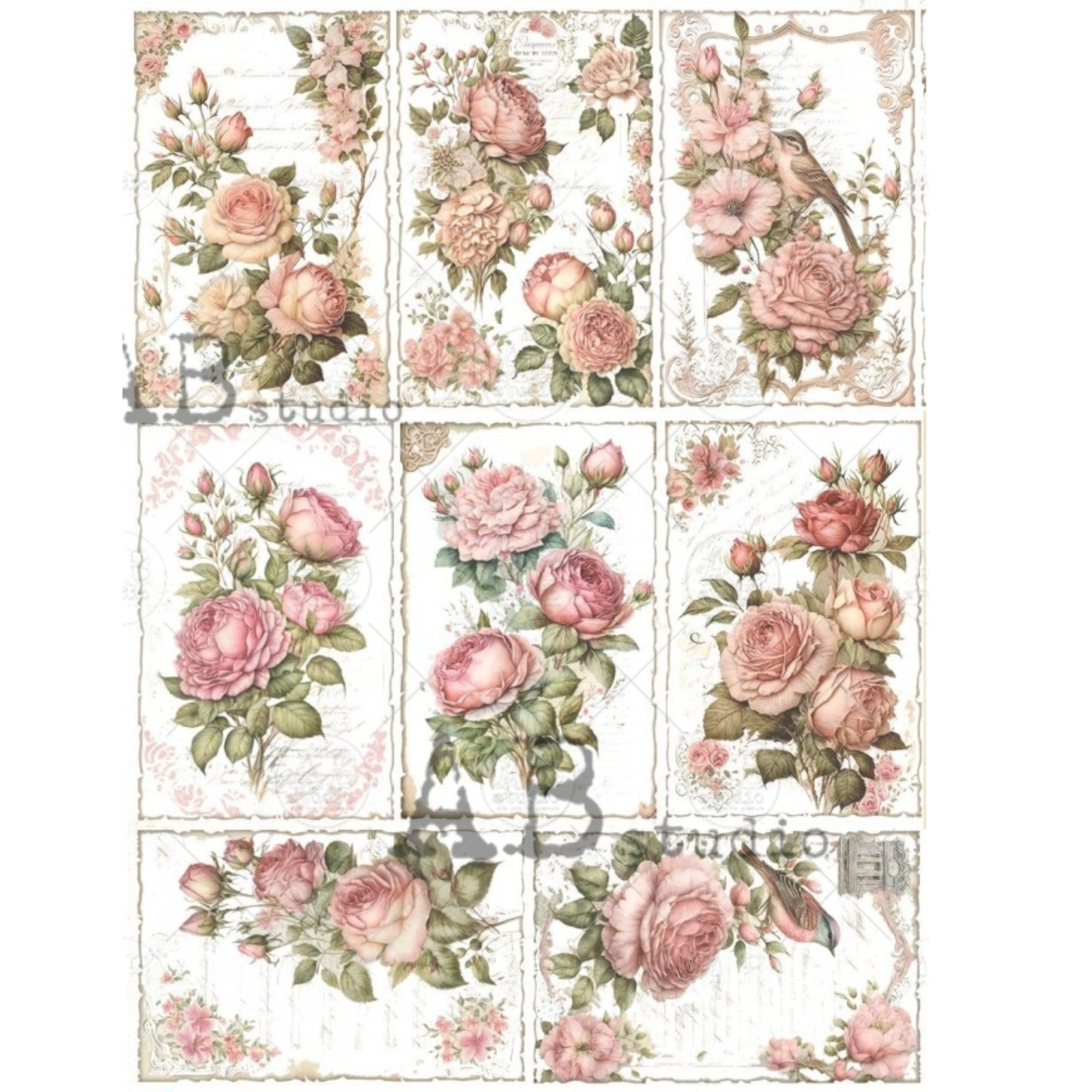 Sheet of tag sized images with pink roses and green leaves on a white background.