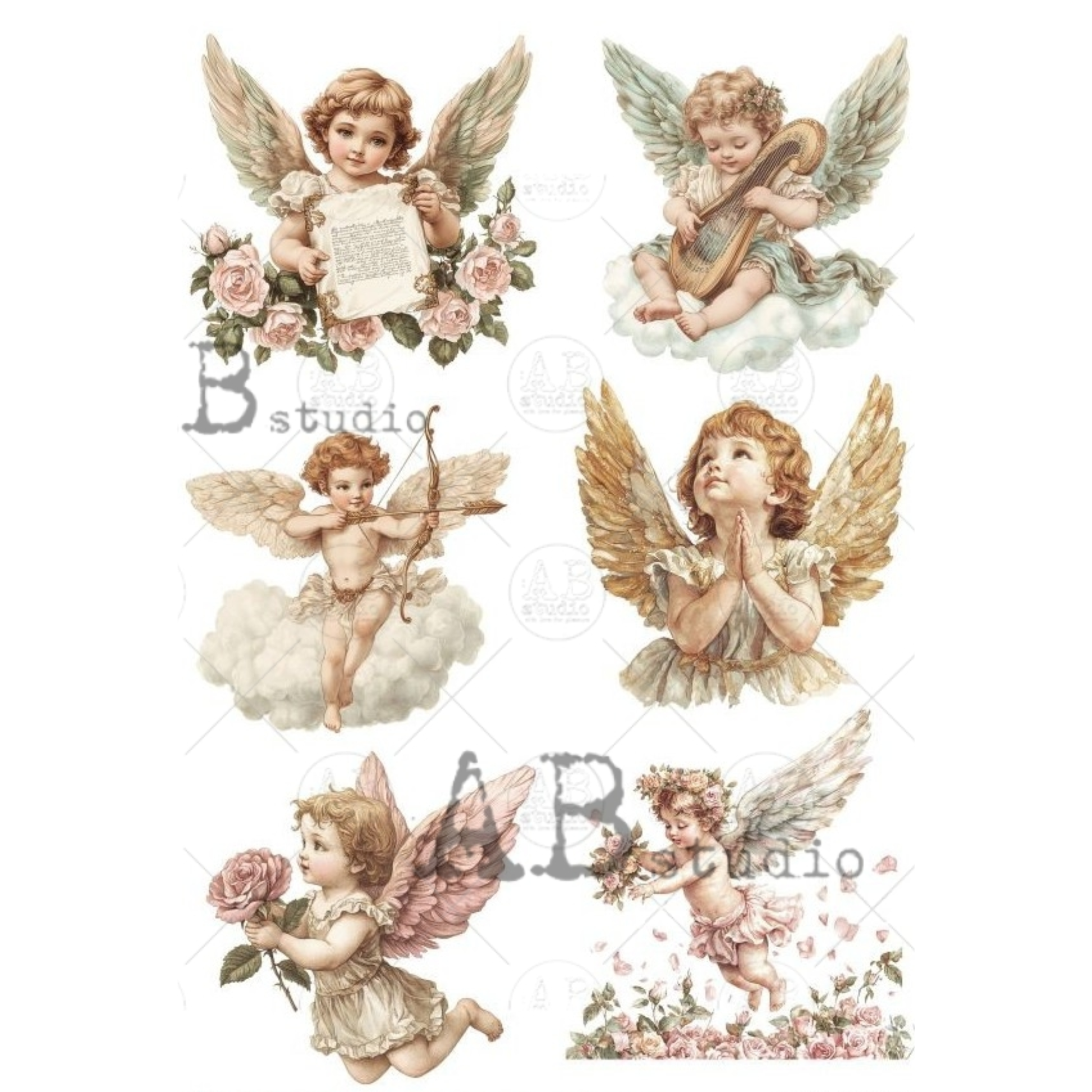 Set of six vintage-style cherub and angel illustrations with flowers and clouds, bow & arrow and harp.