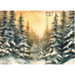Winter forest scene with snow-covered trees and a warm glowy sunset.