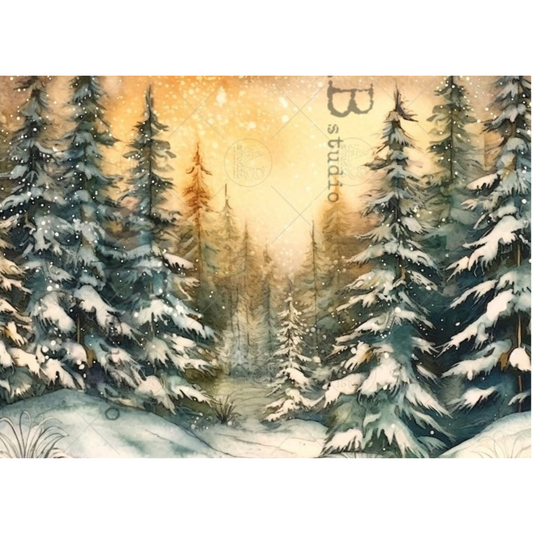 Winter forest scene with snow-covered trees and a warm glowy sunset.
