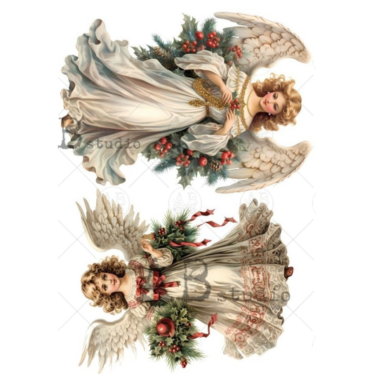 Two vintage-style Christmas angels with wreaths and garlands.