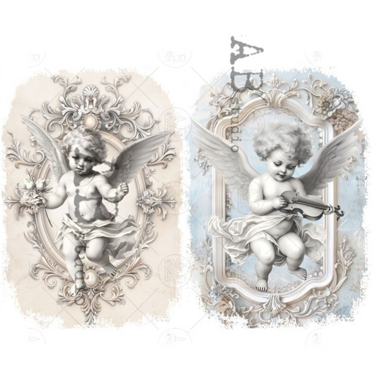 Two decorative images of cherubs with ornate frames on pink and blue backgrounds.