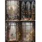 4 images of gothic windows on a winter evening background showing houses and young women in the snow.