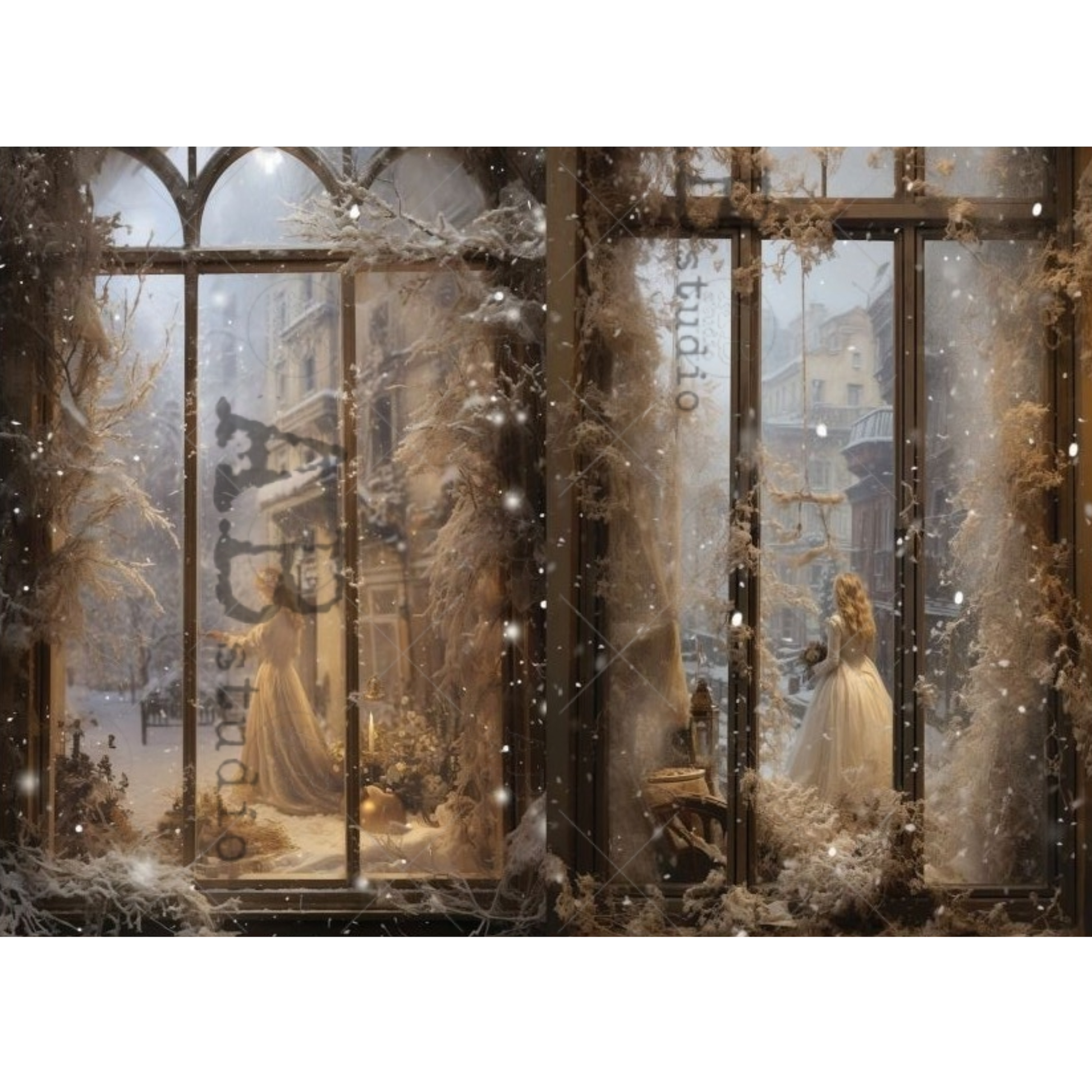 A large decorative wall mural or wallpaper featuring a snowy window display scene with two figures in long white dresses, warm golden light, and falling snow effects, shown against a white background.
