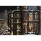A snowy night city scene with dark historic buildings, snow-covered trees, and glowing warm windows under falling snow.