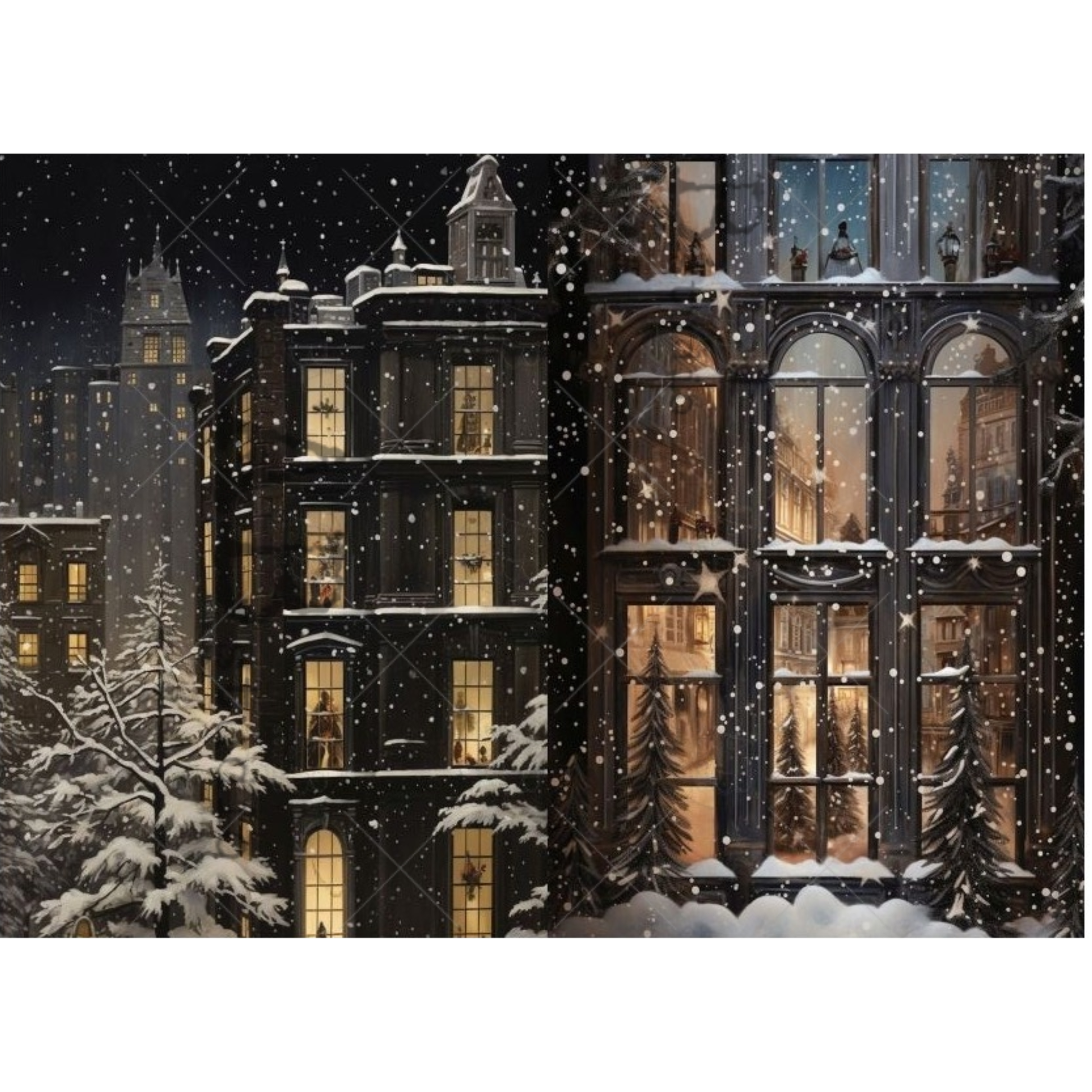 A snowy night city scene with dark historic buildings, snow-covered trees, and glowing warm windows under falling snow.