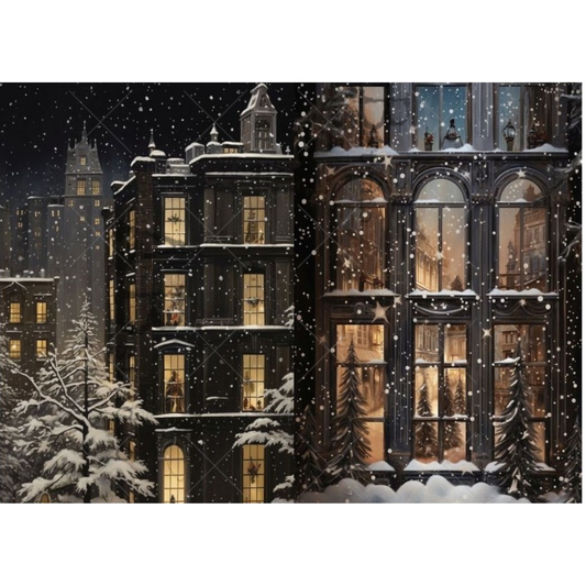 A snowy night city scene with dark historic buildings, snow-covered trees, and glowing warm windows under falling snow.