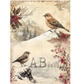Vintage-style bird illustrated image featuring two small brown birds perched on snowy ground, with winter foliage and mountains.