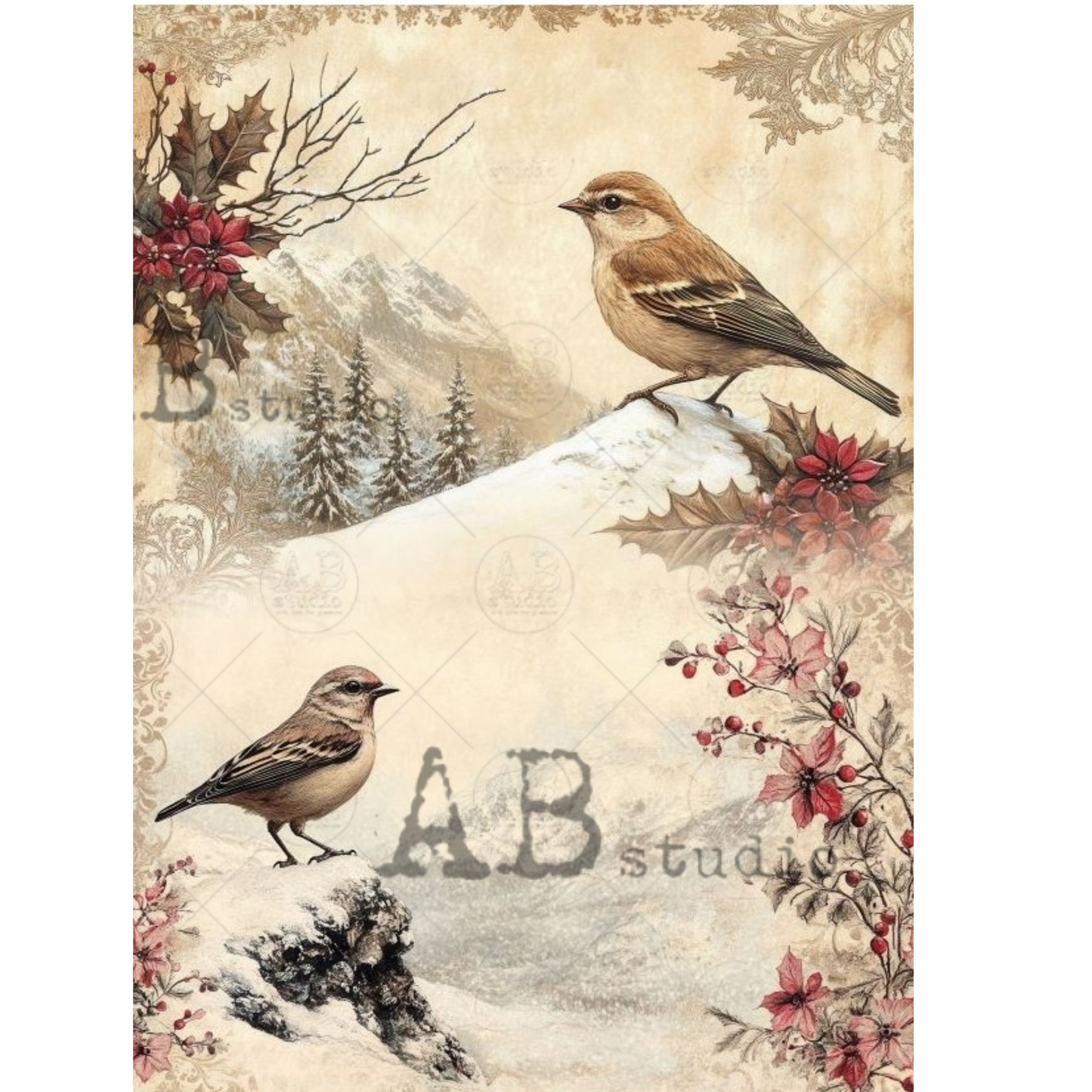 Vintage-style bird illustrated image featuring two small brown birds perched on snowy ground, with winter foliage and mountains.