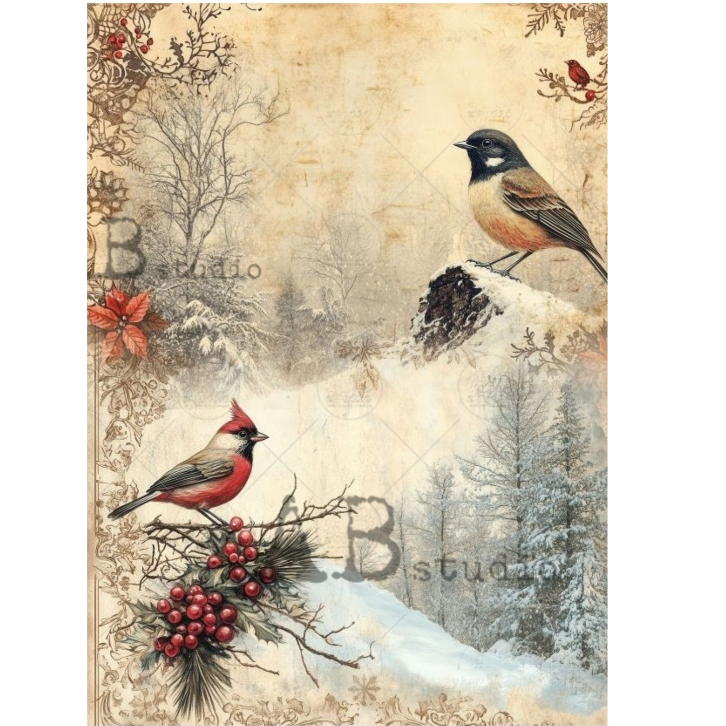 Vintage-style winter bird illustrated image featuring two small birds perched on snowy branches with red berries, bare trees, and a warm beige aged-paper background. Decorative floral border elements appear around the edges.