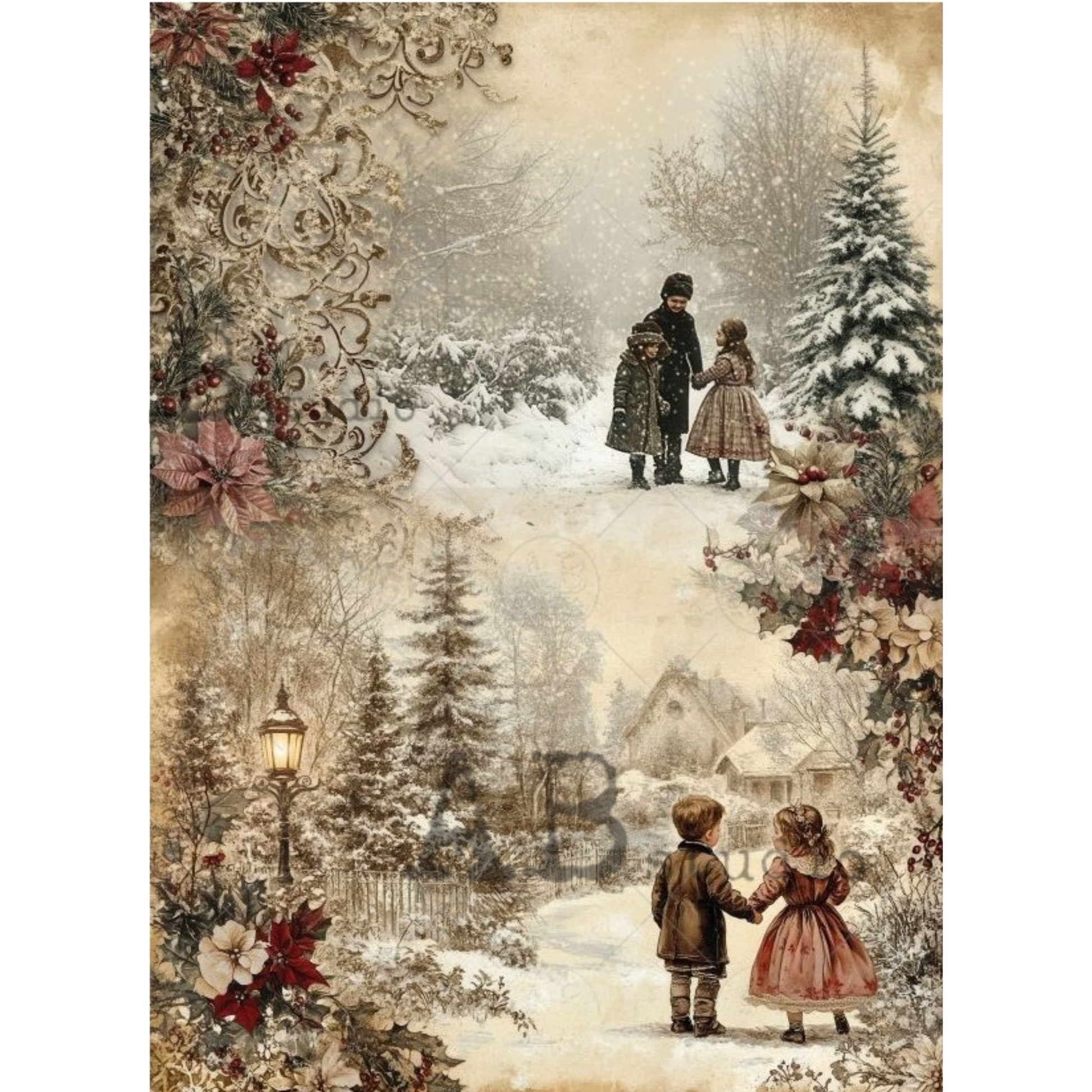 Vintage-style 2 panel illustration of a family walking through a snowy landscape with decorative elements.