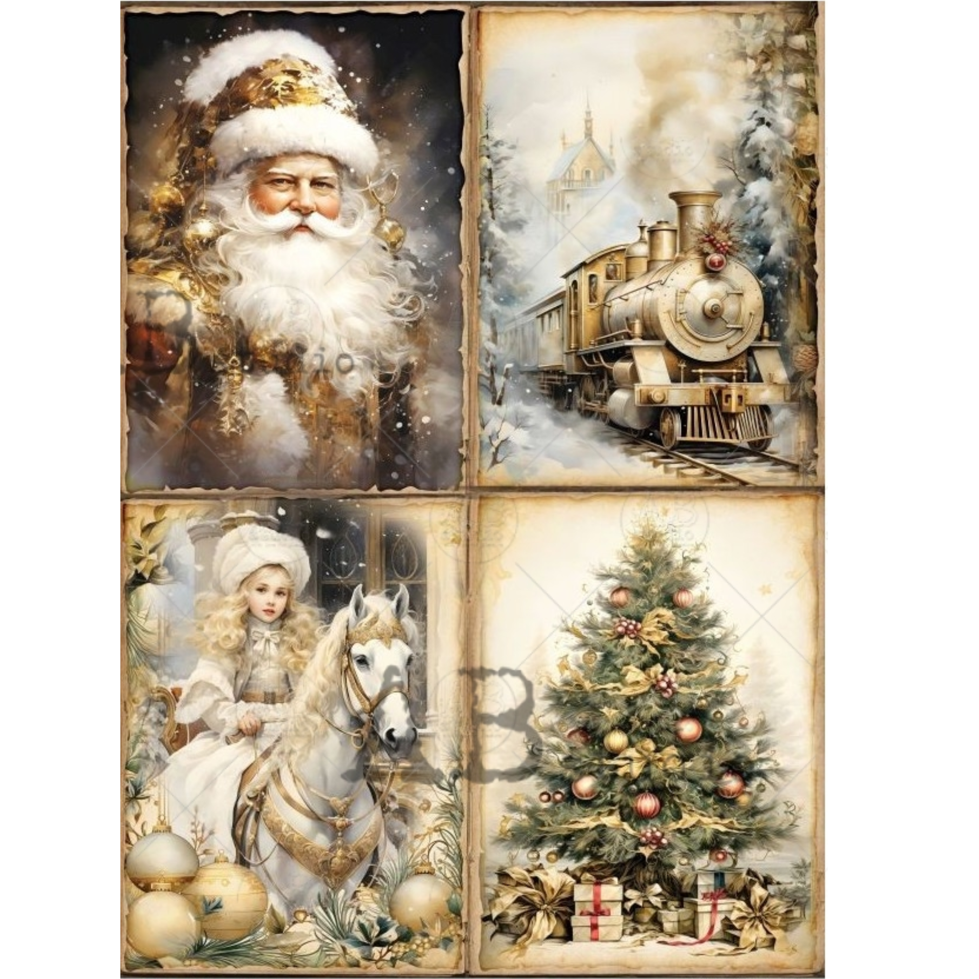 Four-panel Christmas-themed collage with Santa Claus, a child on a horse, a train, and a decorated tree.