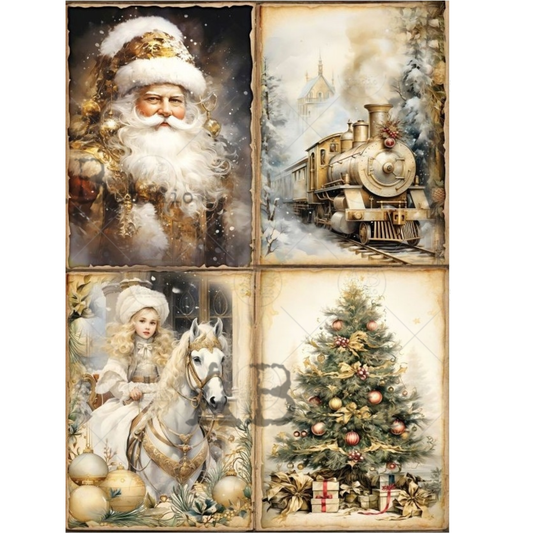 Four-panel Christmas-themed collage with Santa Claus, a child on a horse, a train, and a decorated tree.