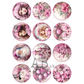 Set of circular pink-themed designs with christmas holiday floral and portrait elements.