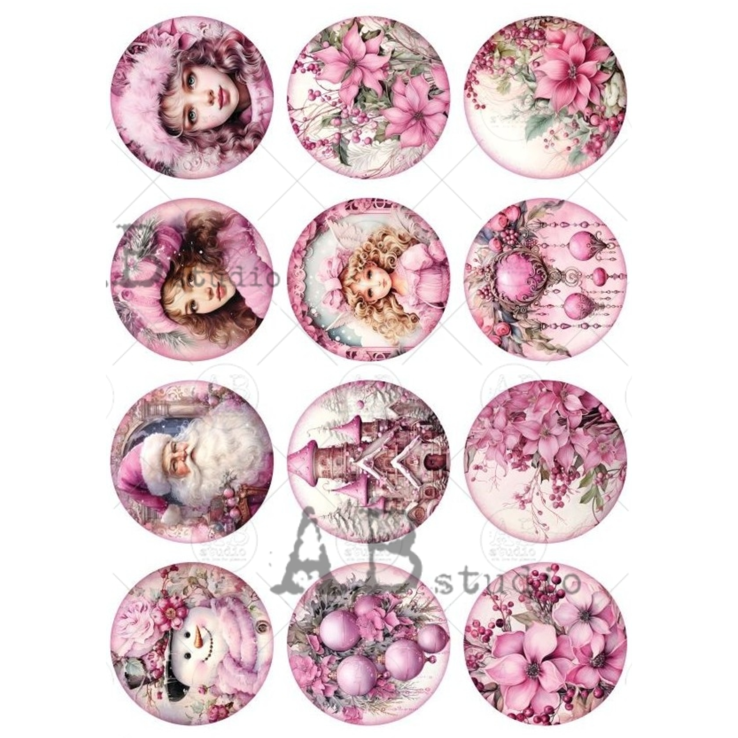 Set of circular pink-themed designs with christmas holiday floral and portrait elements.