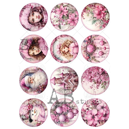 Set of circular pink-themed designs with christmas holiday floral and portrait elements.