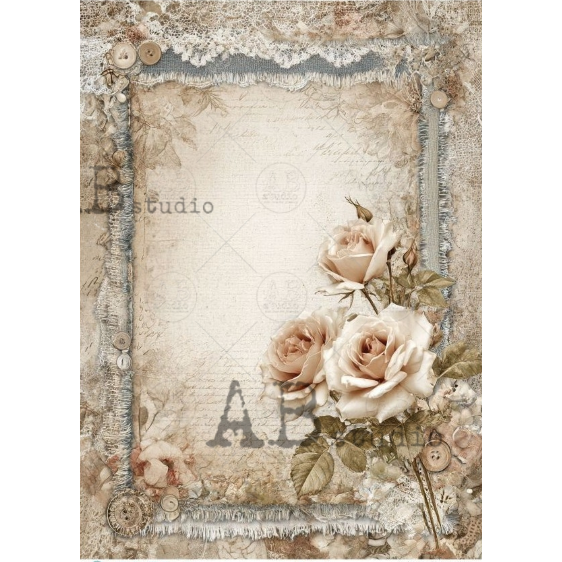 Decorative background paper with floral design and text, featuring roses and vintage elements.