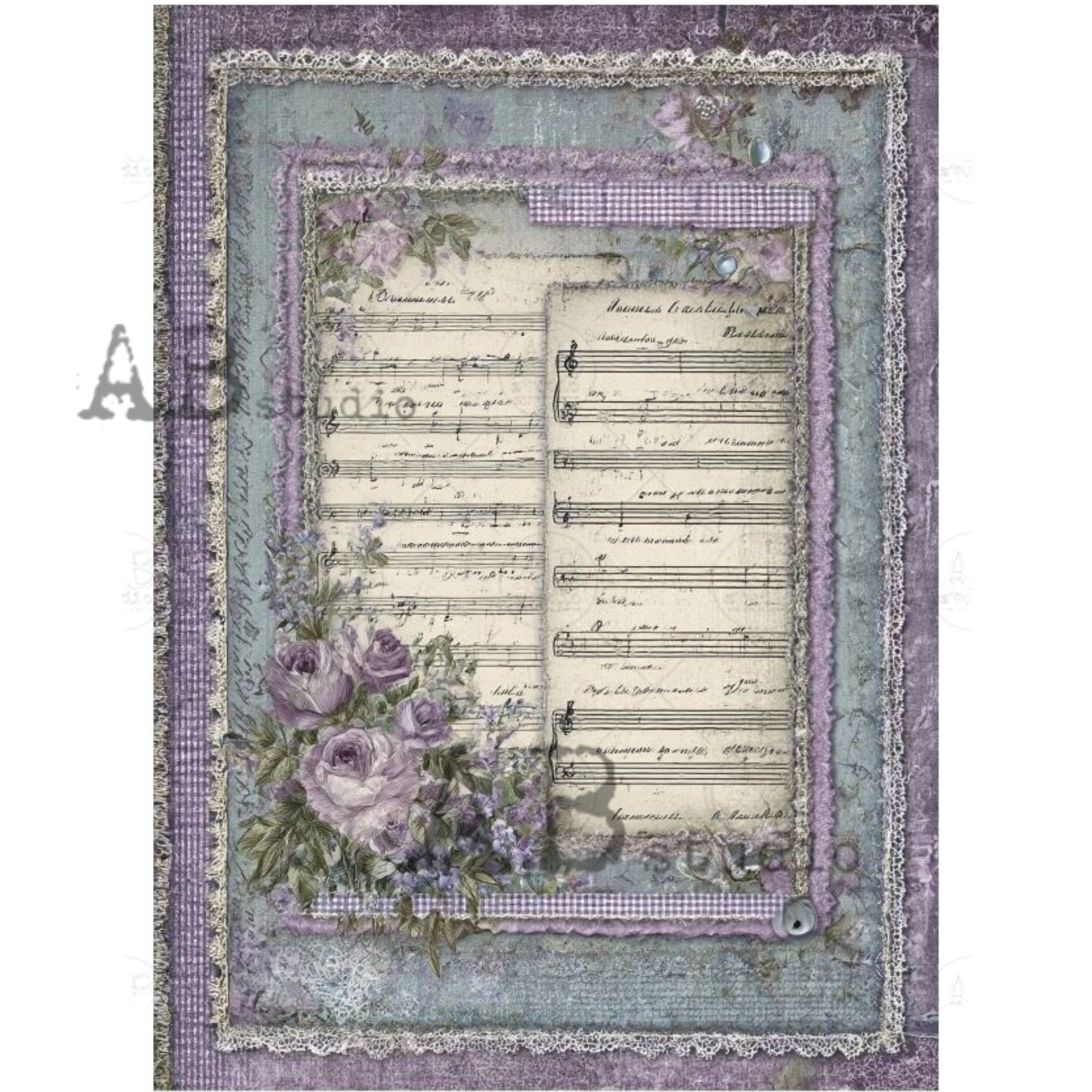 Decorative paper with music sheet design, floral elements, and decorative border on a white background.