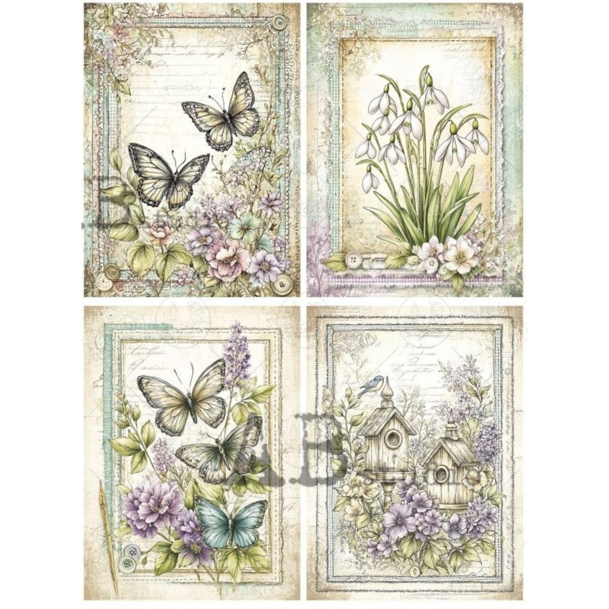 Set of four decorative images featuring butterflies, flowers, and birdhouses on a white background.